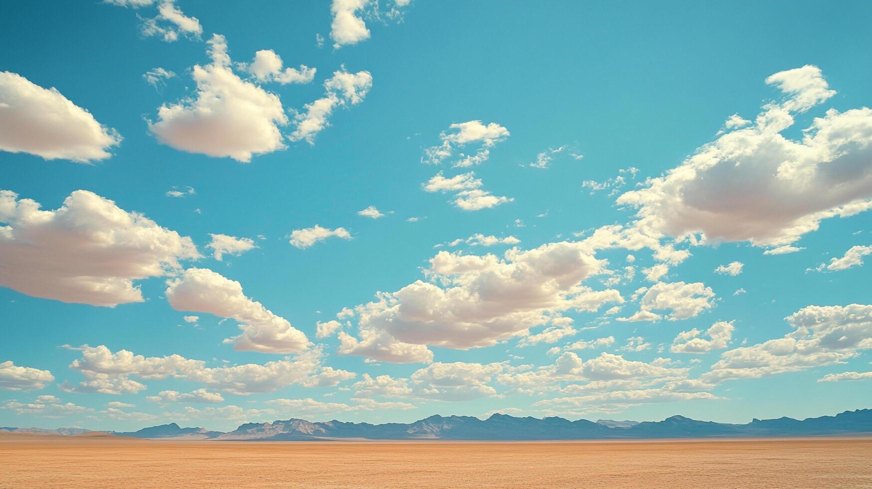 Vast desert landscape under a bright blue sky dotted with fluffy white clouds creating a serene and expansive vista. Nature's beauty unfolds. photo