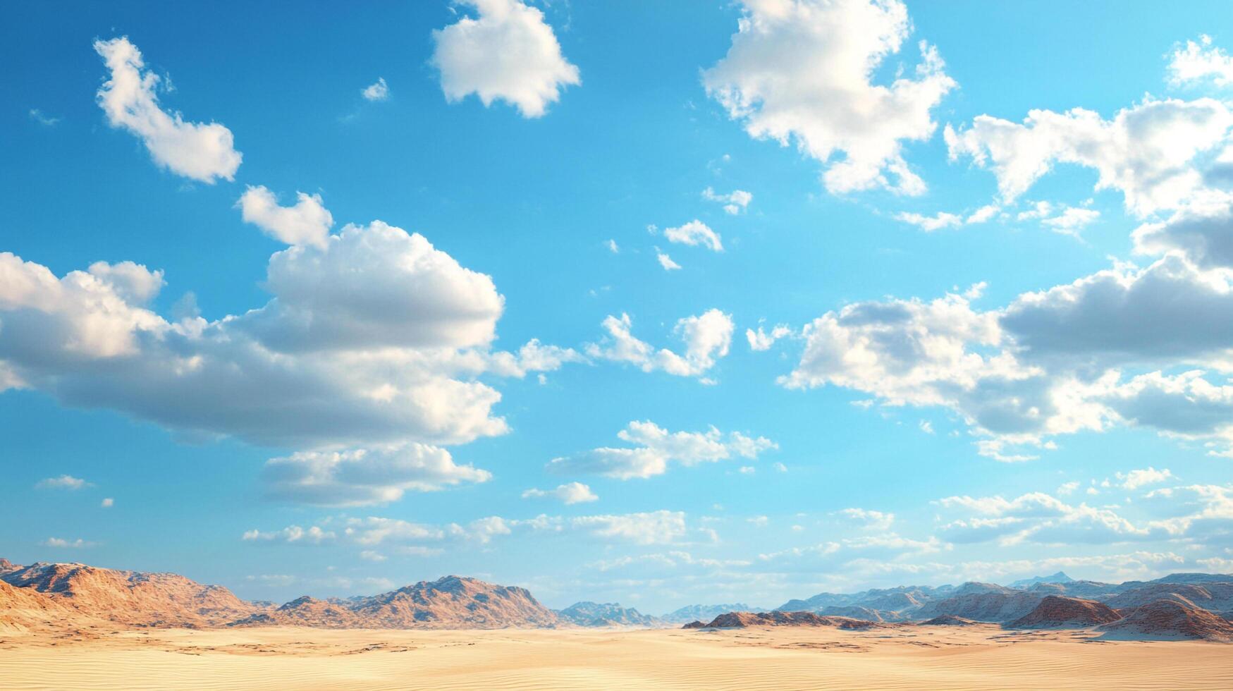 Vast desert landscape under a bright blue sky with fluffy white clouds. Arid beauty and expansiveness capture nature's grandeur. photo