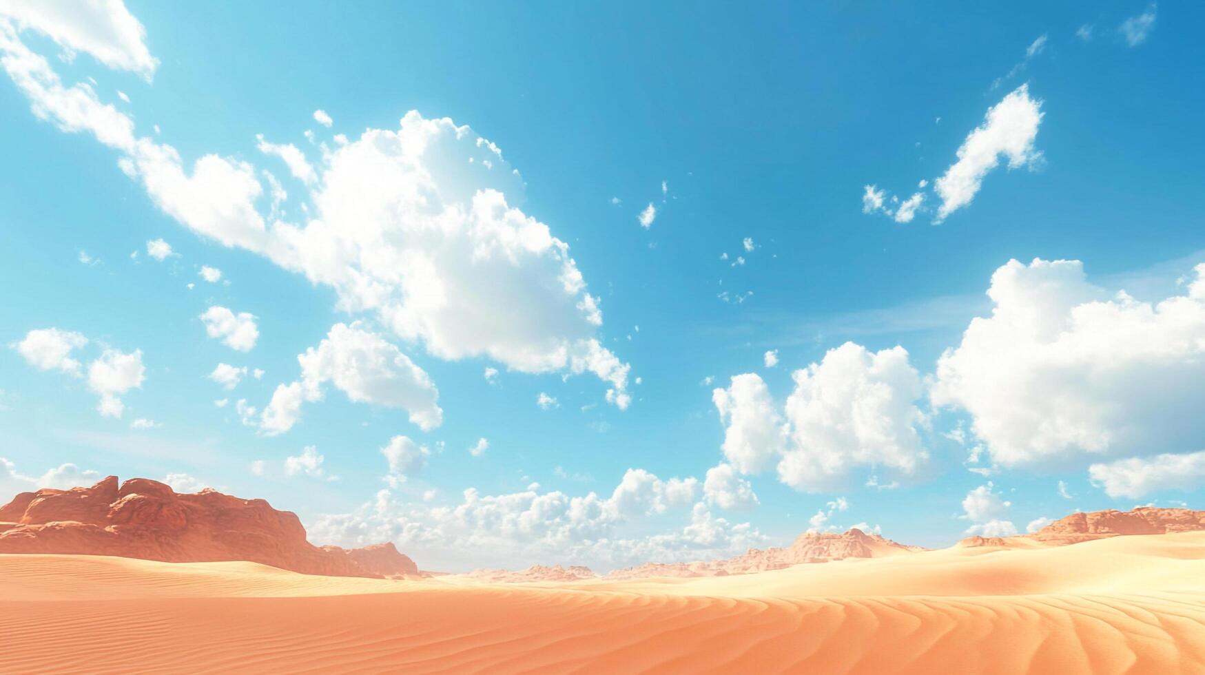 Vast desert landscape featuring rolling sand dunes beneath a bright blue sky dotted with fluffy white clouds on the horizon. photo