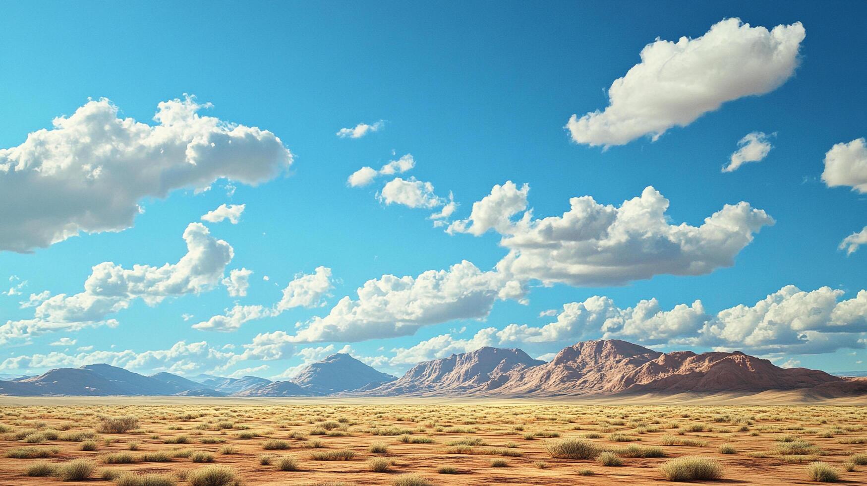 Expansive desert landscape under a blue sky with scattered clouds, creating a sense of vastness and natural beauty. photo