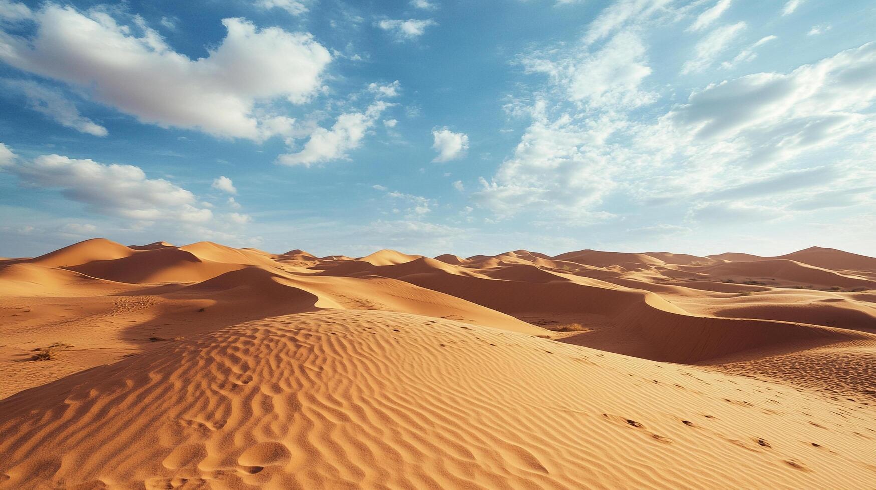 Expansive sand dunes under a vibrant blue sky with scattered clouds create a picturesque desert landscape. Desert scene is spectacular. photo