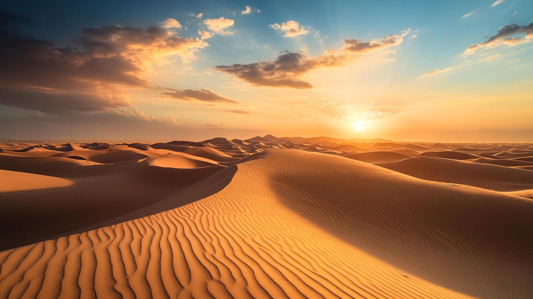 Serene desert landscape at sunset. Rolling sand dunes meet a colorful sky, creating a tranquil and awe-inspiring natural scene. photo