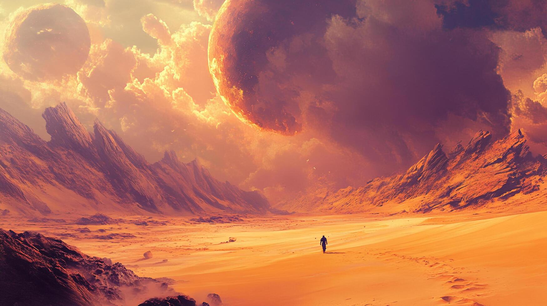 A lone figure walks across a desolate orange planet, silhouetted against a landscape with imposing peaks and otherworldly moons above. photo