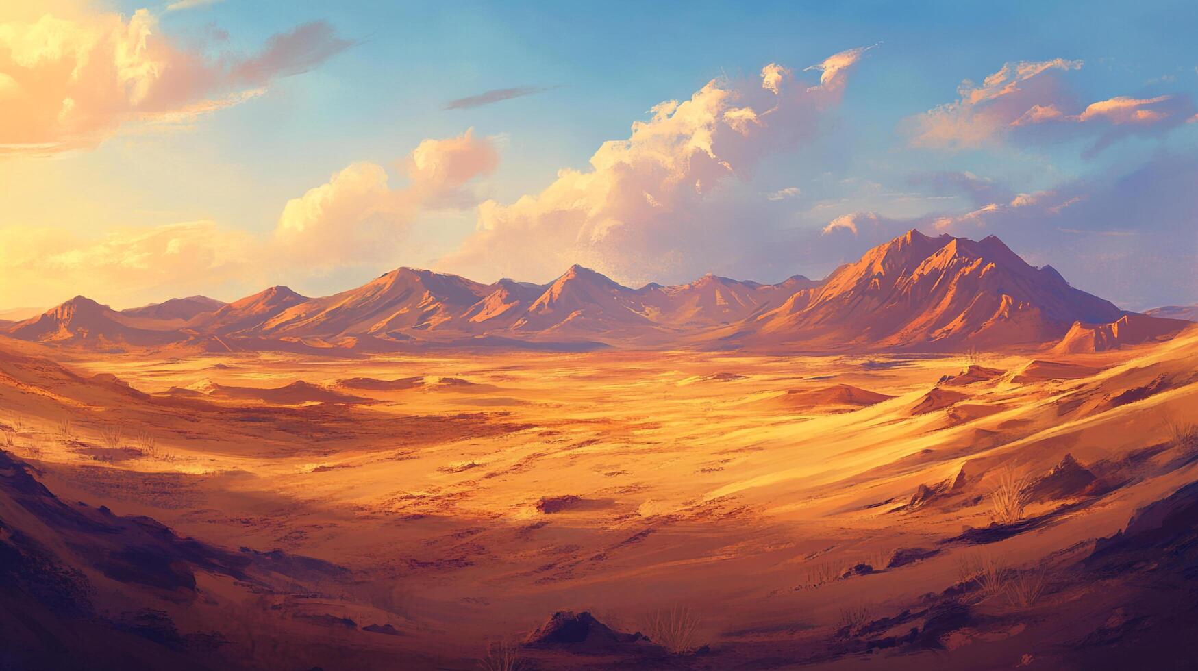 Vast desert panorama with golden sand dunes under a blue sky and fluffy clouds, painted in warm, inviting tones. photo