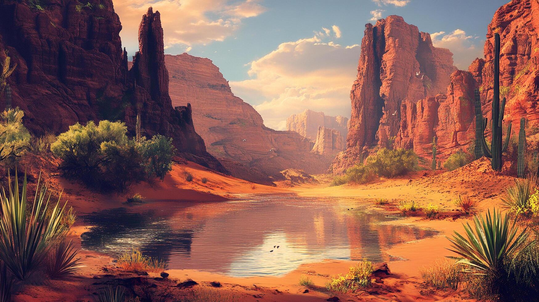 Desert oasis with towering sandstone cliffs reflecting in tranquil water, cacti, native plants, and a picturesque sky overhead. photo