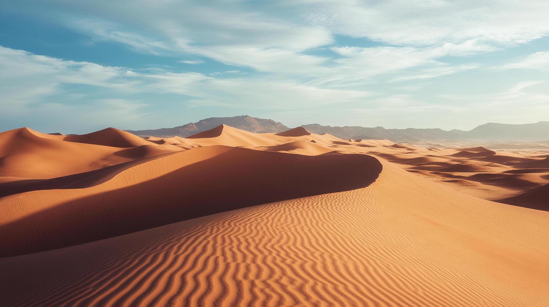 Sweeping sand dunes stretch across the desert landscape, with mountains visible on the horizon under a blue, partly cloudy sky. photo