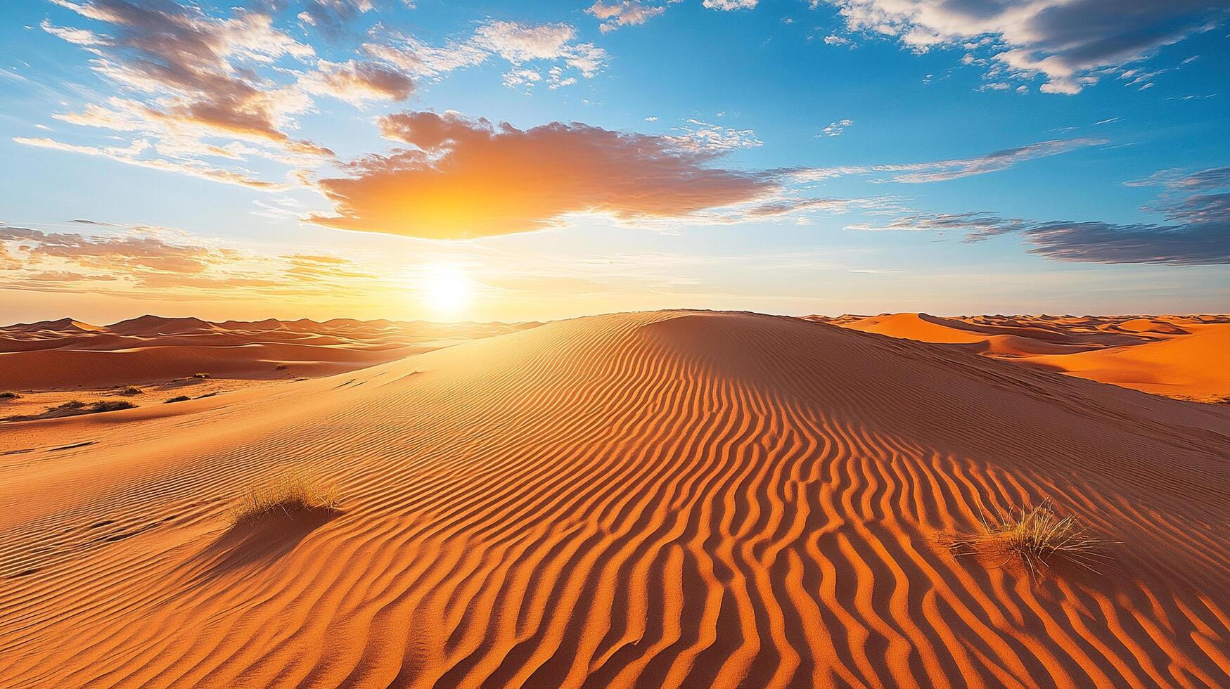 Sweeping desert landscape, with rippled sand dunes and a warm, golden sunset creating a serene and captivating vista. photo