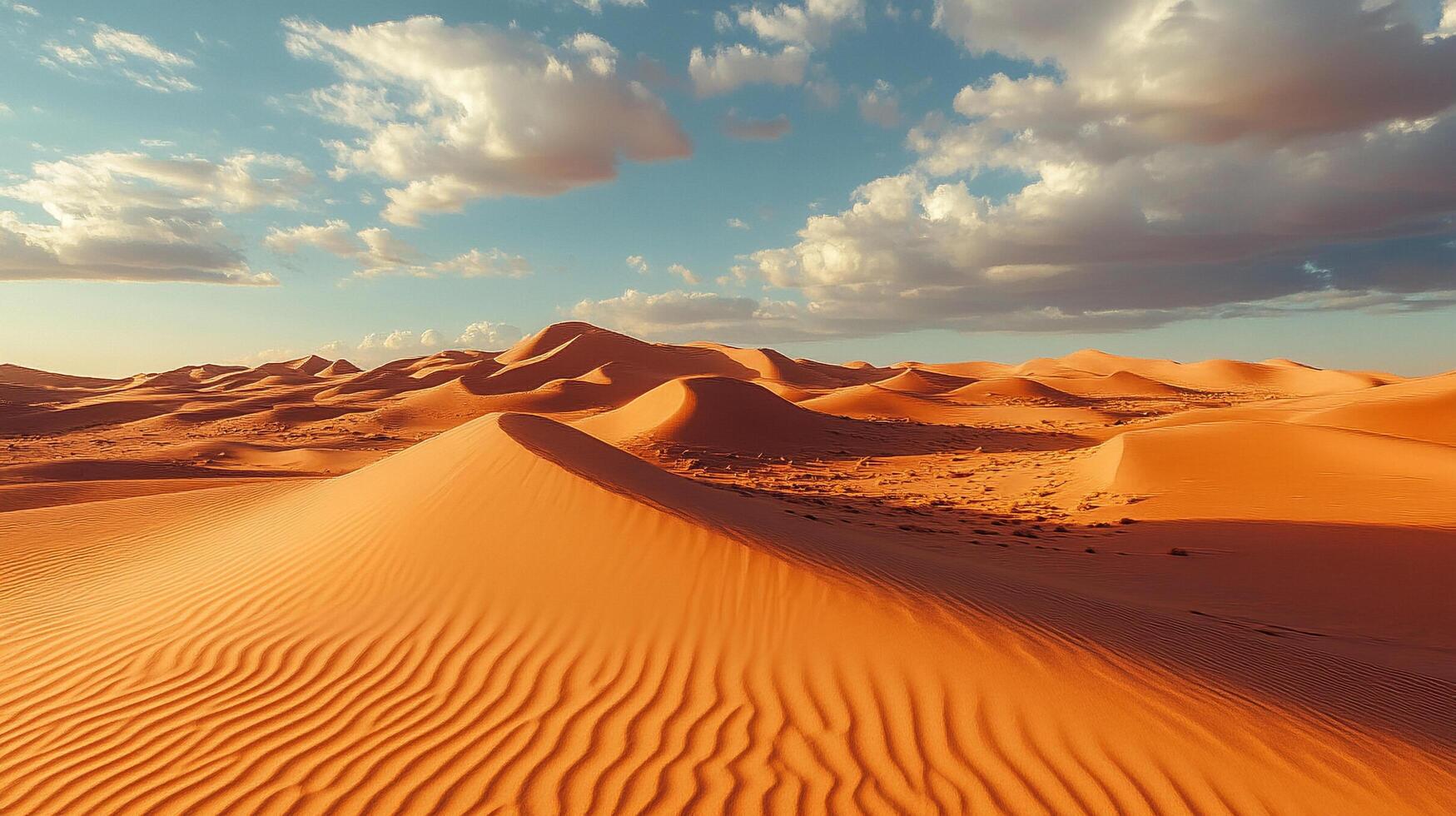 Golden sand dunes landscape under a partly cloudy sky. Ripples patterns create stunning natural textures in the vast desert expanse. photo