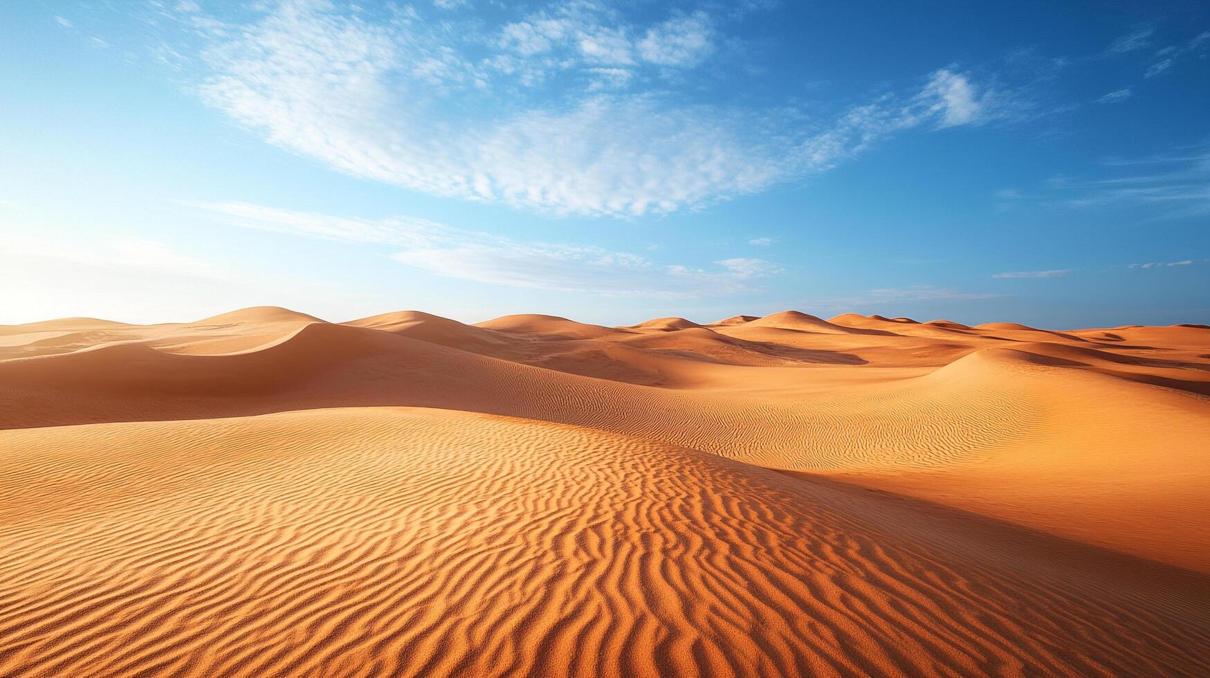 Sweeping sand dunes dominate the landscape under a bright, partially cloudy sky. Ripples in the sand create unique patterns. photo