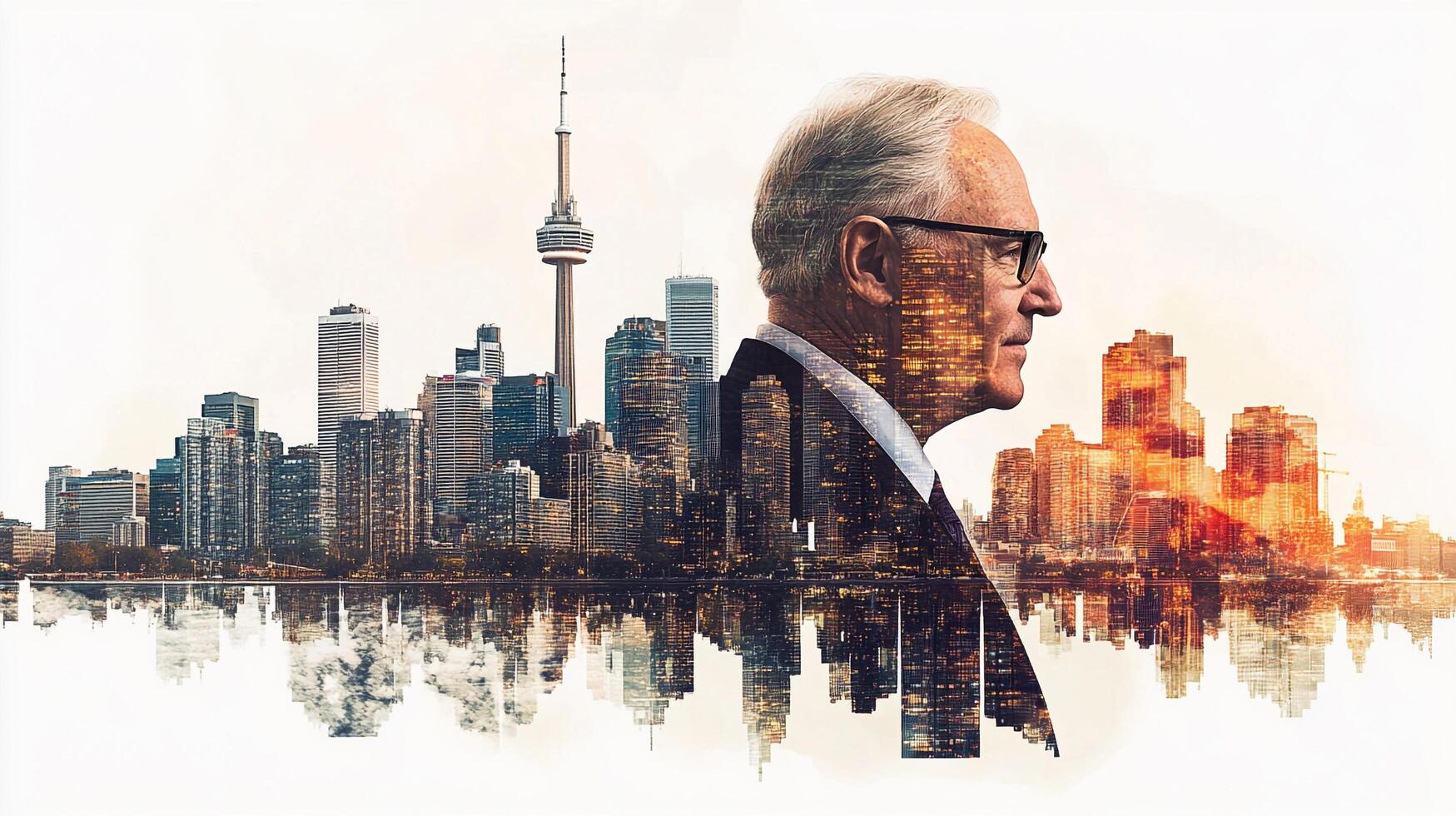 Senior man double exposure with city. The portrait of wisdom and the reflection of urban vitality are intertwined in this shot. photo