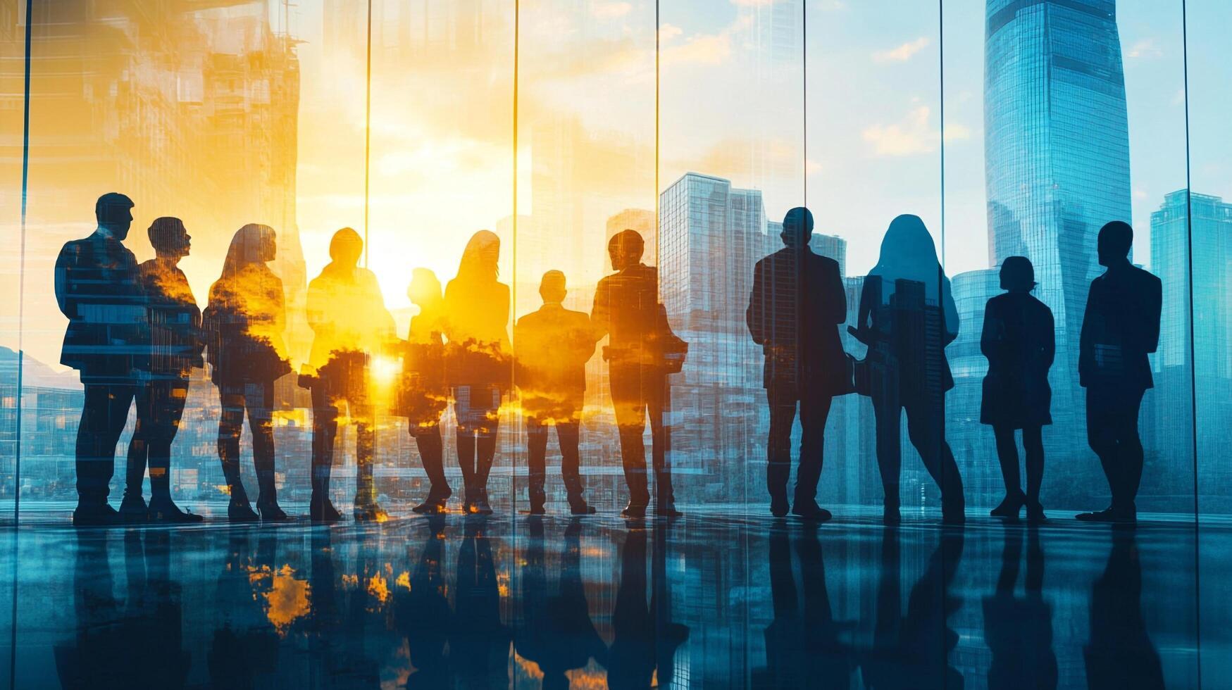 Diverse team silhouetted against a bright city sunset through office windows, reflecting on success and strategic planning ahead. photo