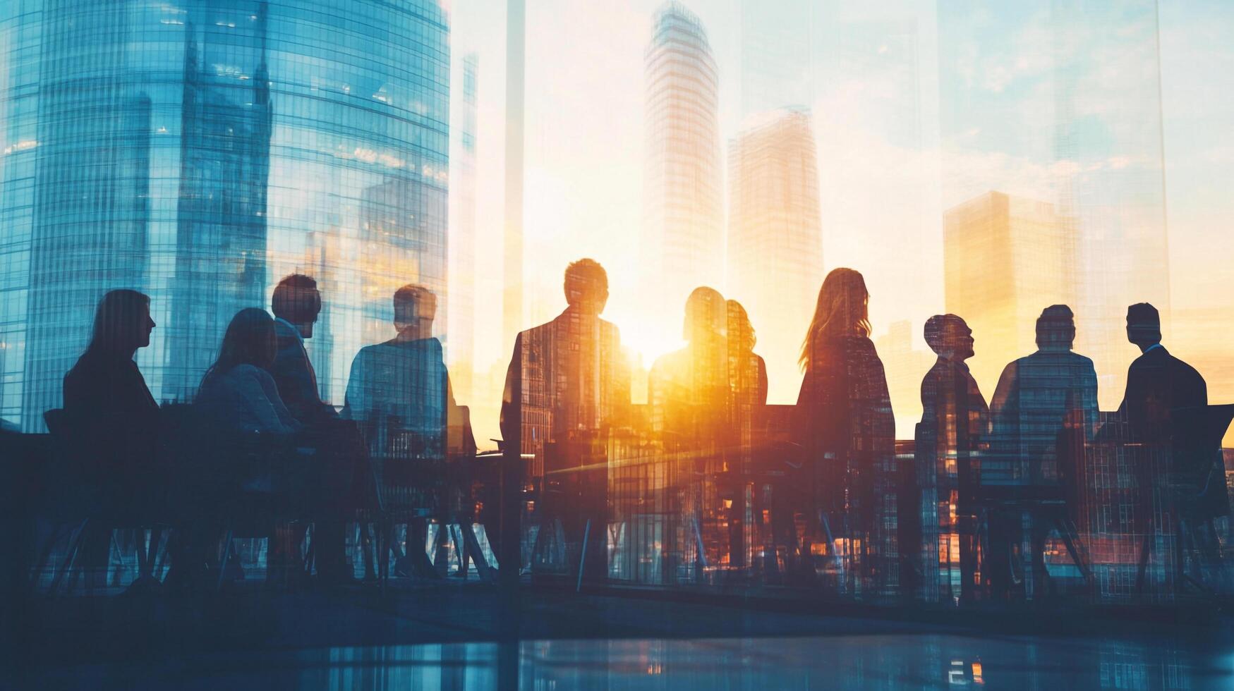 Business team collaborating during sunset with tall buildings view. Teamwork in the office with cityscape silhouette at sunrise. photo