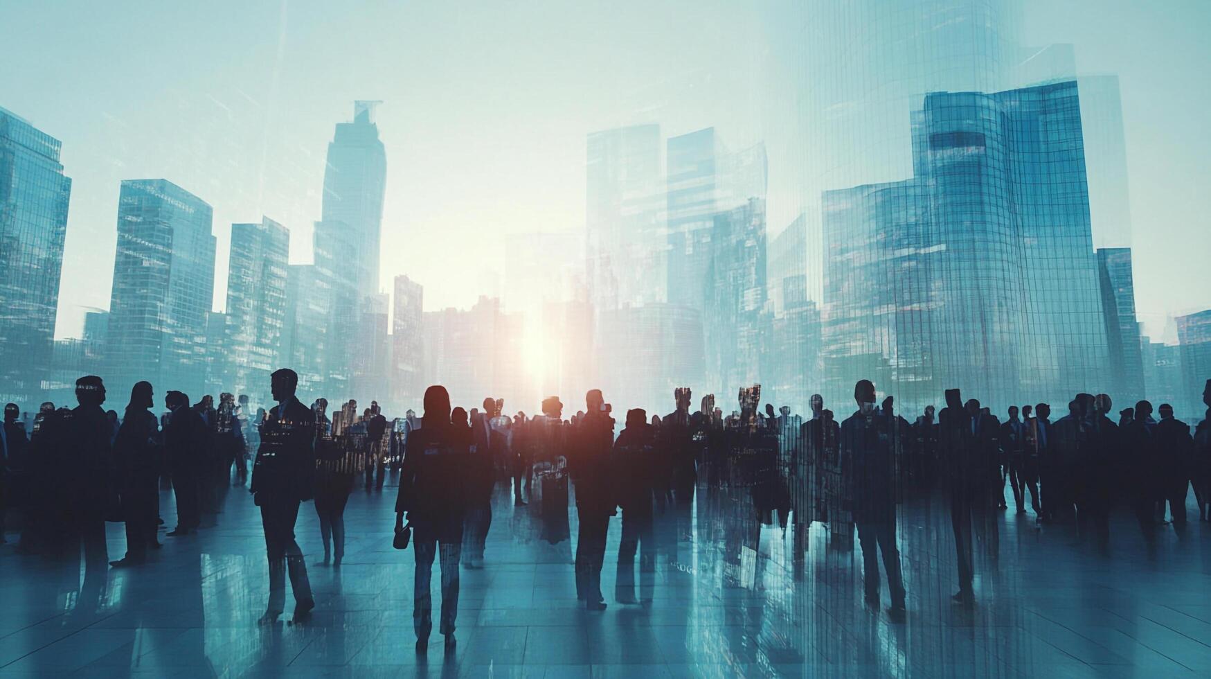 A Crowd of People Silhouetted Against a Modern Cityscape, symbolizing urban life, the flow of pedestrian traffic, and the energy of metropolis. photo