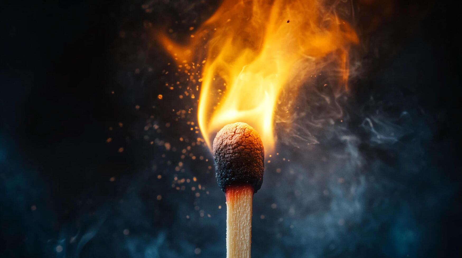 A single match ablaze, its flame a beacon against a dark backdrop, sparks flying. The ephemeral dance of light and heat, a fleeting moment. photo
