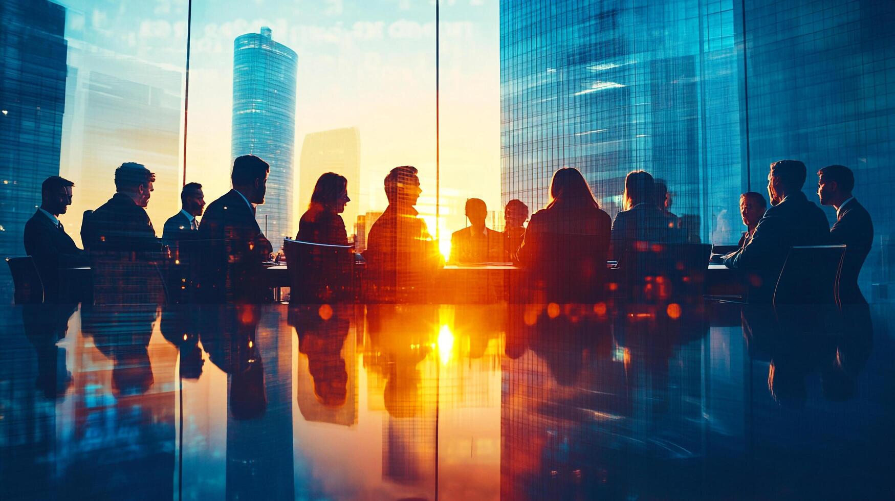 Business professionals convene around a table against the vibrant backdrop of a modern city during a golden sunset, exuding success. photo