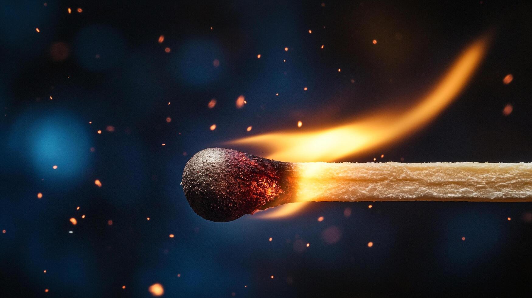 Close-up of a lit matchstick against a dark, bokeh-filled background with sparks, showcasing fire and ignition in a minimalist composition. photo
