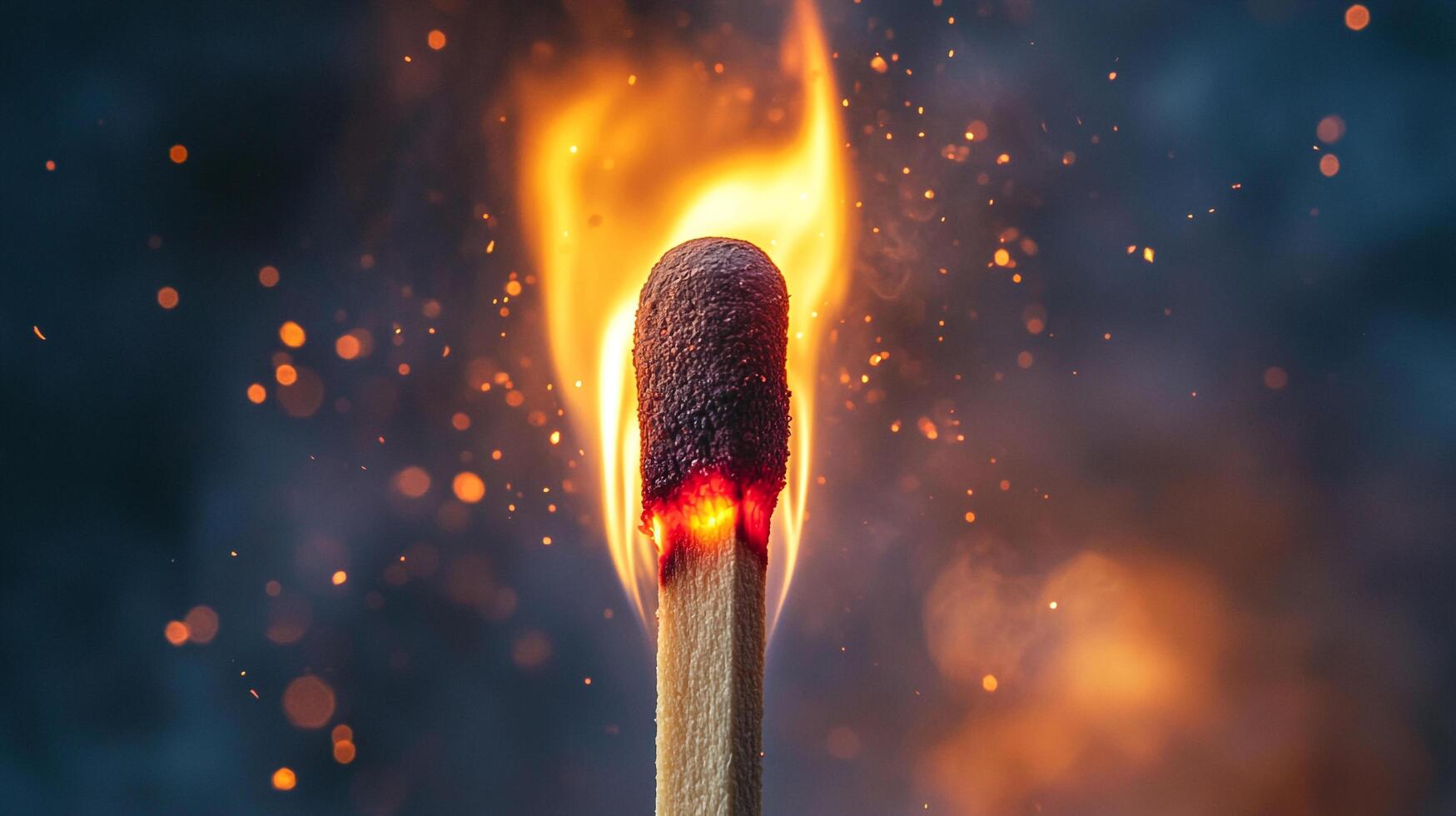 Close-up of a lit matchstick igniting with a vibrant flame and golden sparks against a dark background, showcasing the start of fire. photo