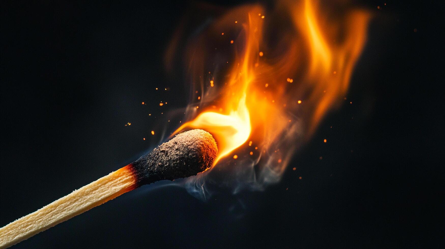 Striking image of a wooden matchstick bursting into flames against a dark backdrop, showcasing the power of ignition and heat. photo