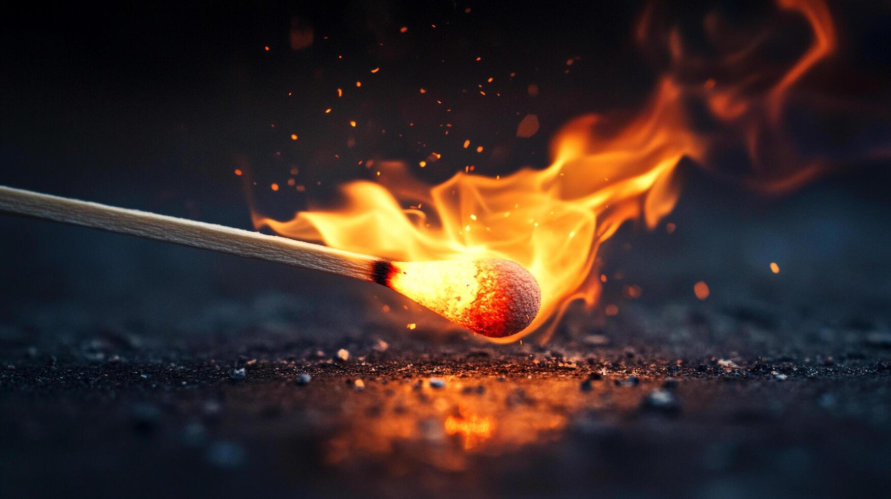 Ignited matchstick showcasing controlled combustion. The image captures the raw beauty and momentary power of fire in a miniature setting. photo