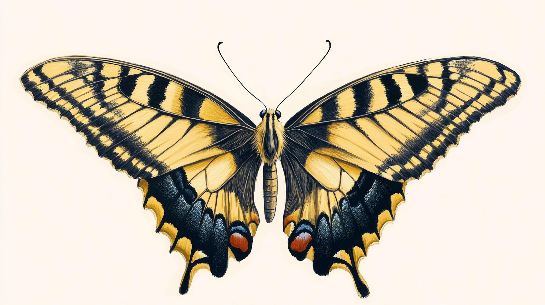 A captivating butterfly artwork showcasing a striking contrast between yellow and black, detailed wing patterns against a neutral background. photo