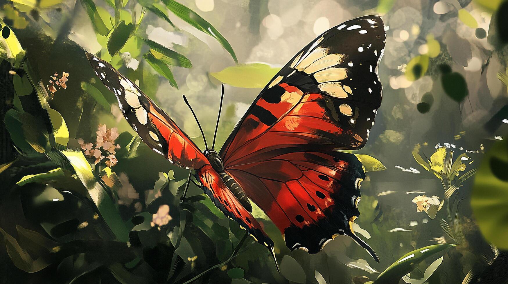 Vibrant butterfly with striking red and black wings, elegantly positioned among lush foliage in a serene, sun-dappled natural setting. photo
