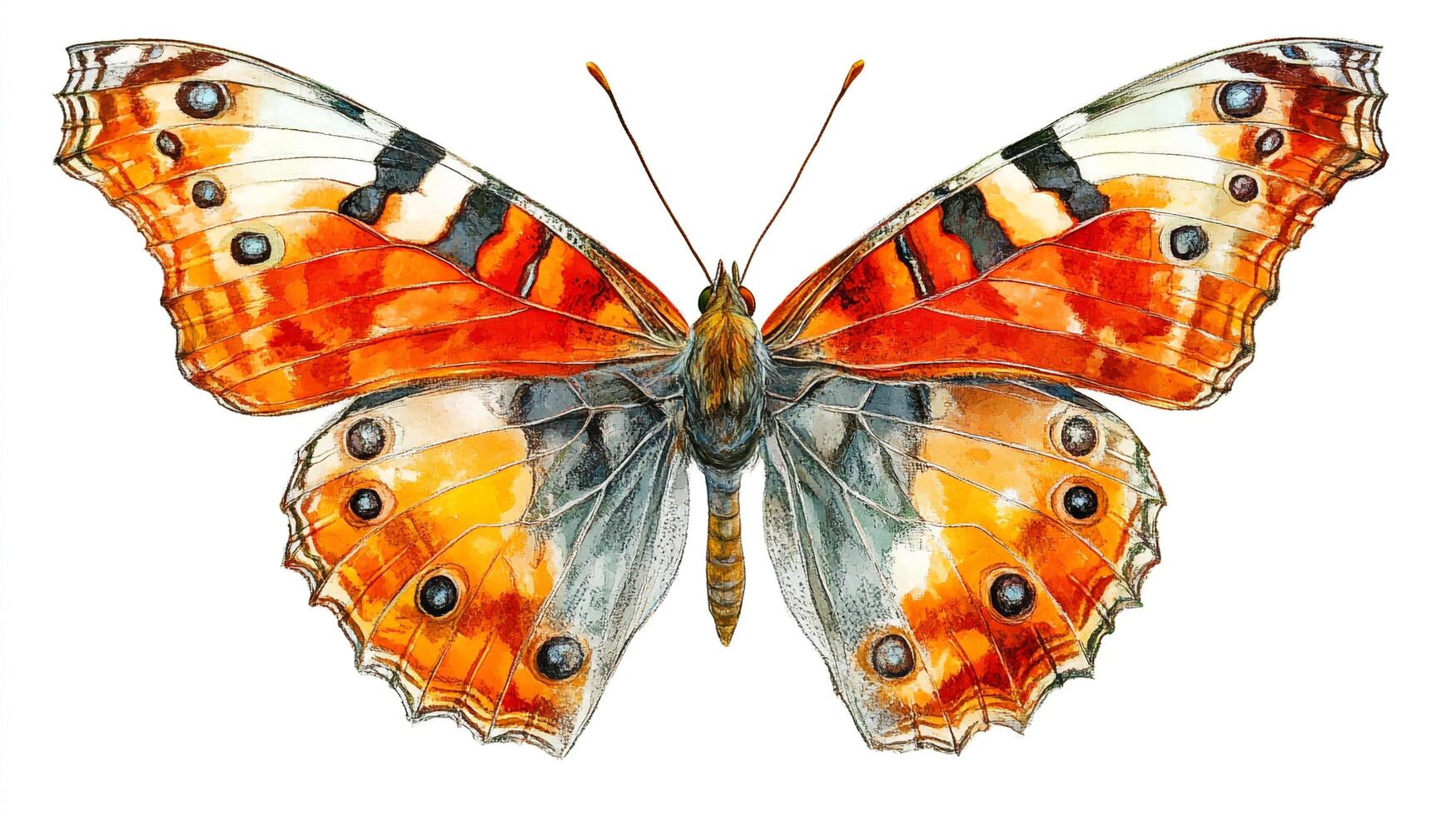 Detailed watercolor painting of a butterfly with orange and white patterned wings. The insect is artistically displayed against white. photo