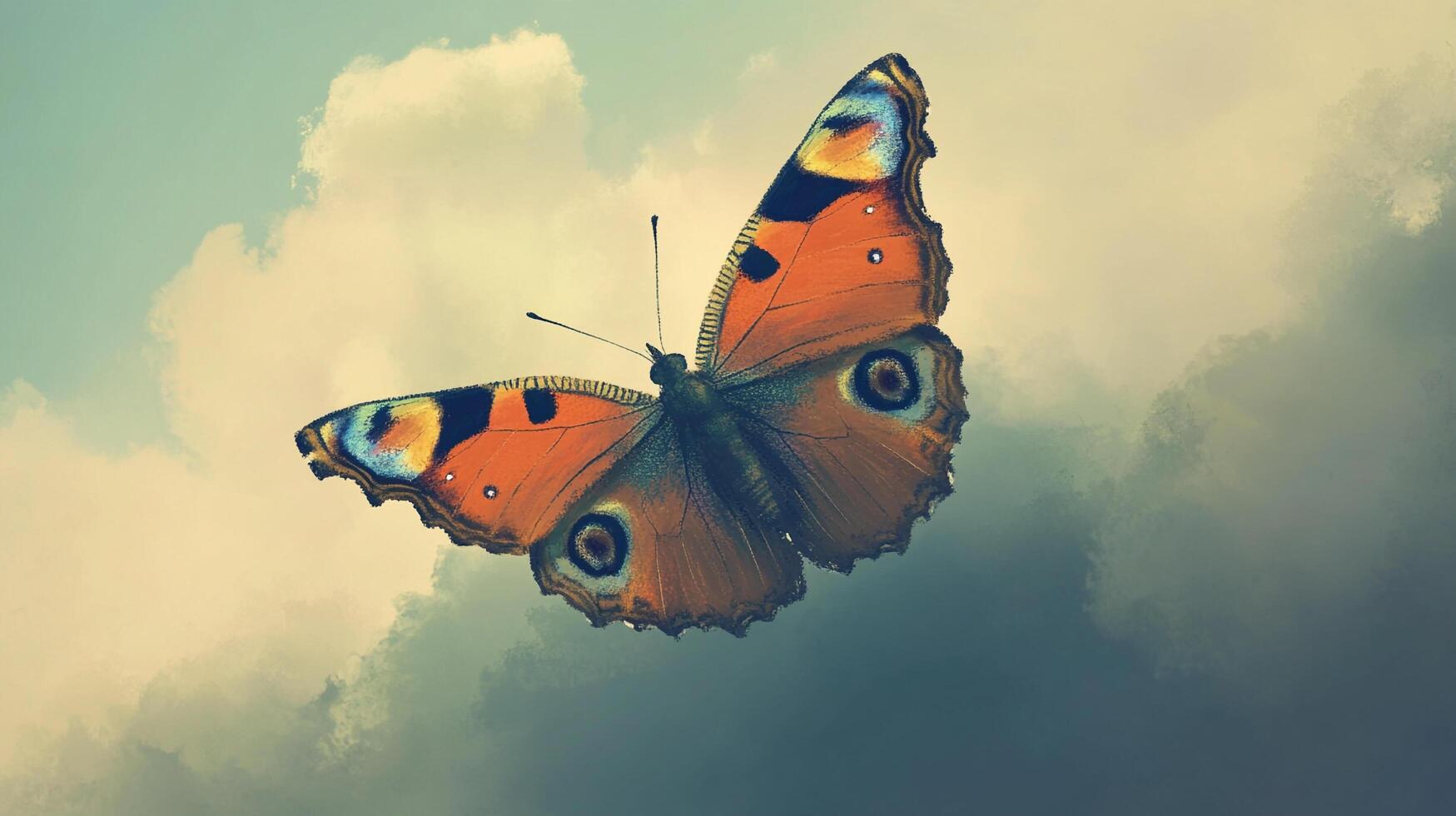 Vibrant butterfly with orange wings and eye-like patterns stands out against a sky full of cumulus clouds. Close-up shot. photo