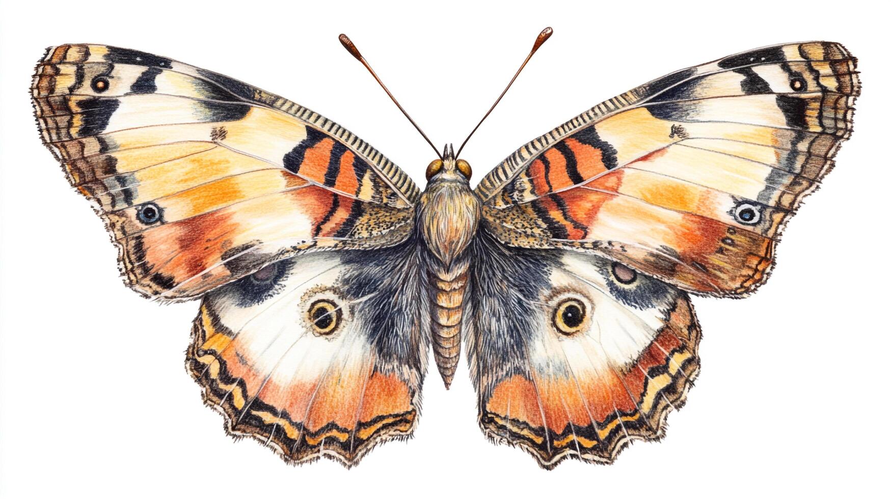 Detailed artistic illustration of butterfly with open wings displaying beautiful colors and patterns on a plain white background. photo