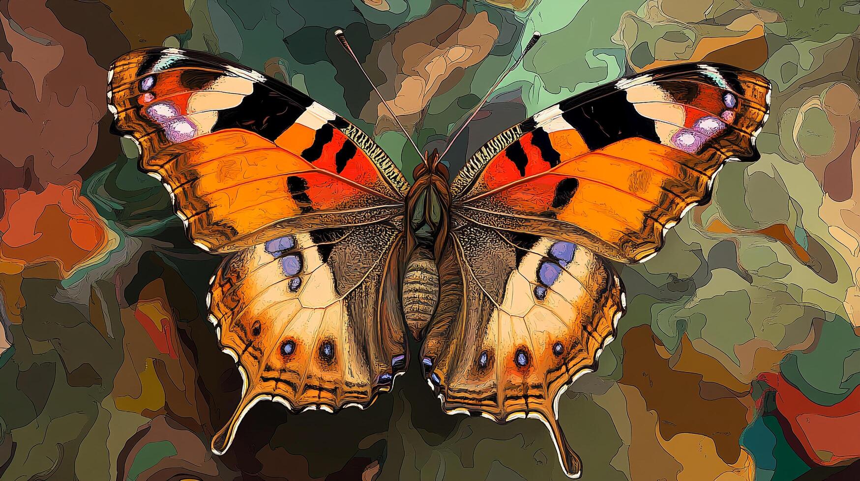A vibrant butterfly artfully displayed, wings spread, showcasing nature's beauty through a blend of orange, black, and subtle purple hues. photo