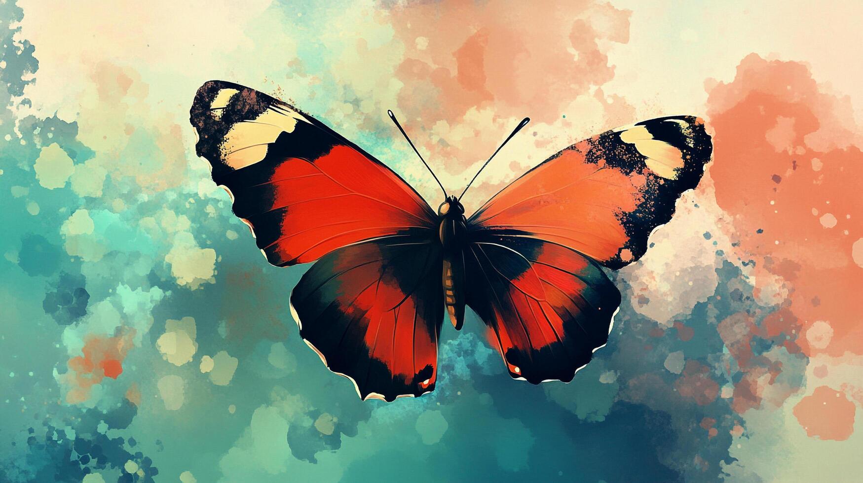 A vibrant butterfly with red and black wings is depicted against a colorful, abstract background, creating a sense of movement and beauty. photo