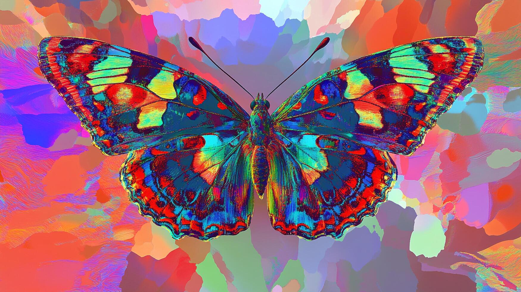 A digitally enhanced butterfly with intricate patterns, bathed in vibrant colors, resting against a background of abstract hues. photo