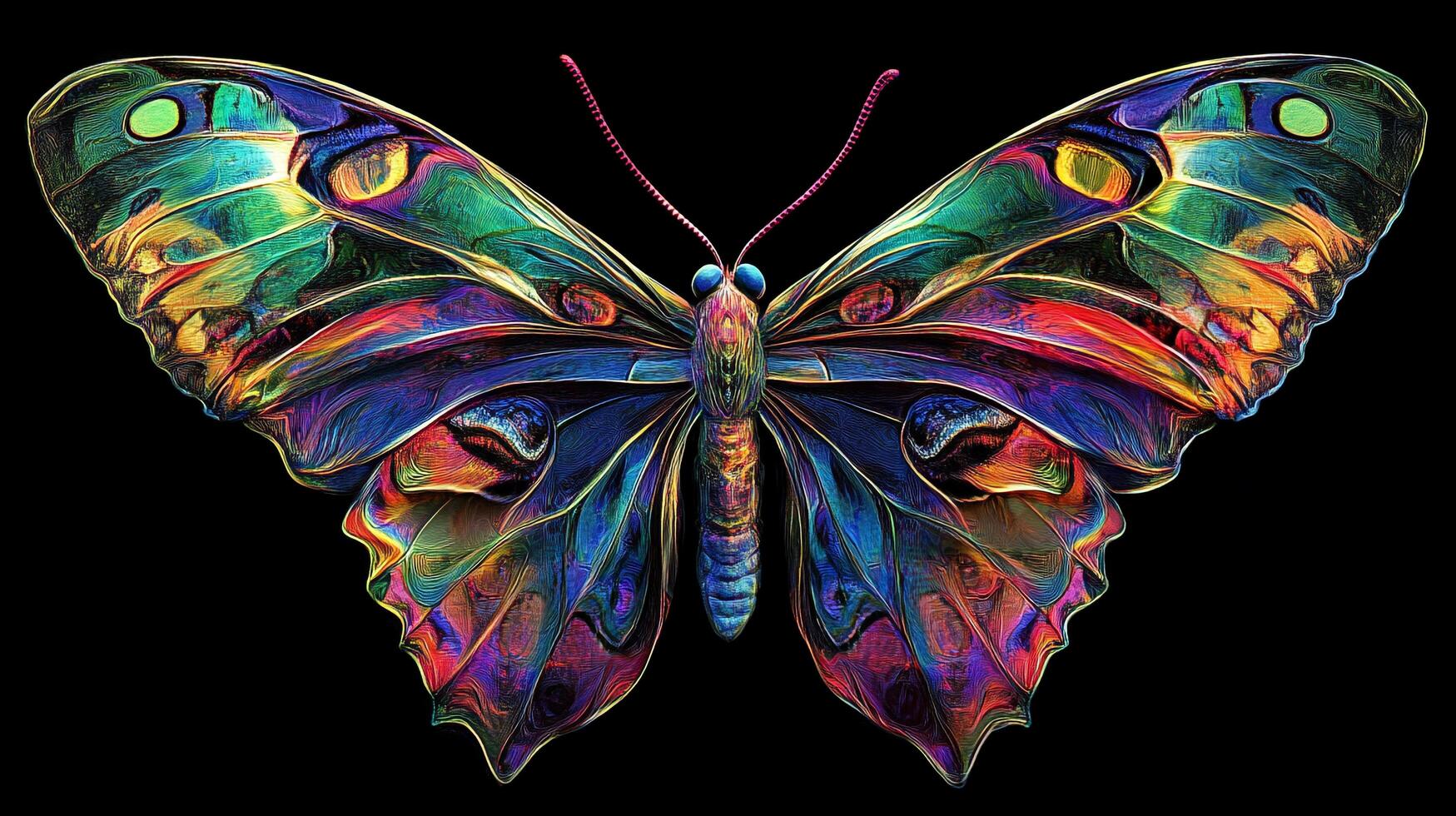 A visually striking butterfly illustration with vibrant, iridescent wings, showcasing intricate details against a stark background. photo