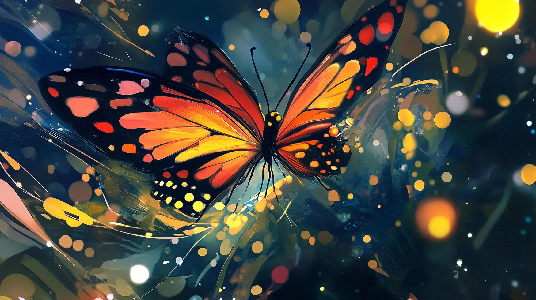 Painted butterfly with orange wings and black spots on a dreamy background with bokeh lights, evoking a sense of wonder and natural beauty. photo