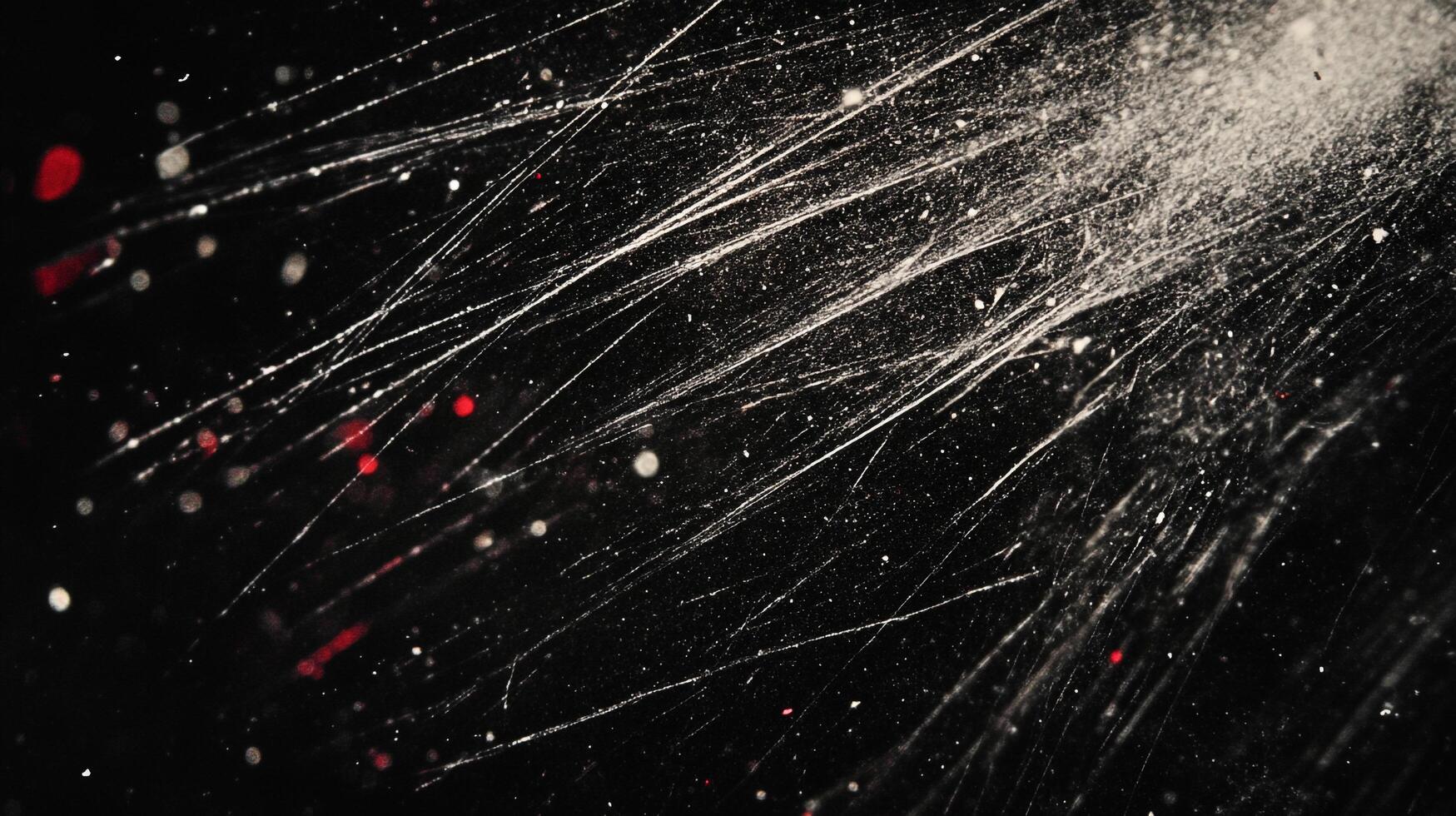 Abstract splatter of white paint on dark background evokes a sense of controlled chaos and energetic expression with red accents. photo