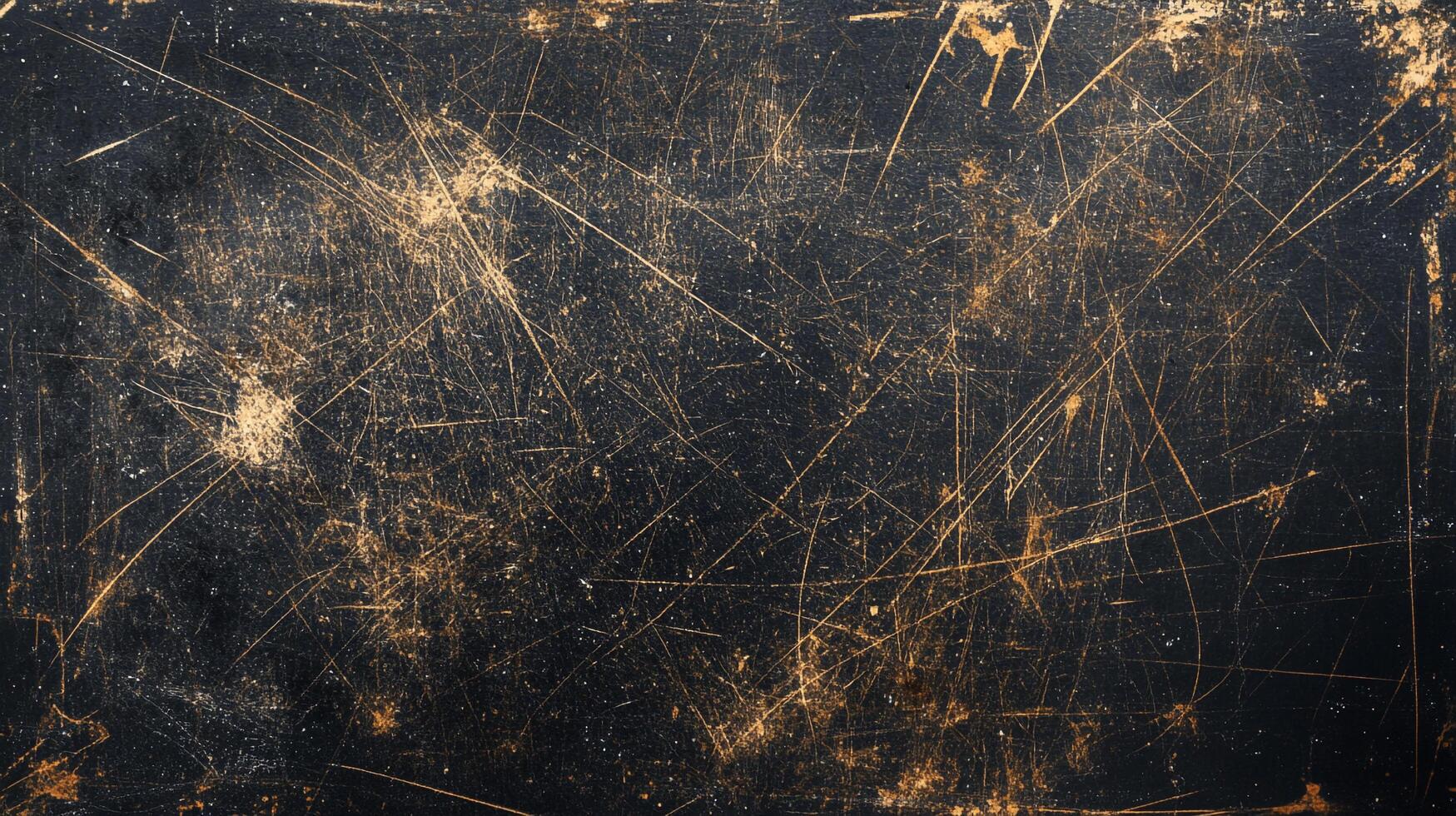 Worn surface with a dark backdrop, crisscrossed by golden scratches. Shows age and use, creating visual interest, texture, and depth. photo