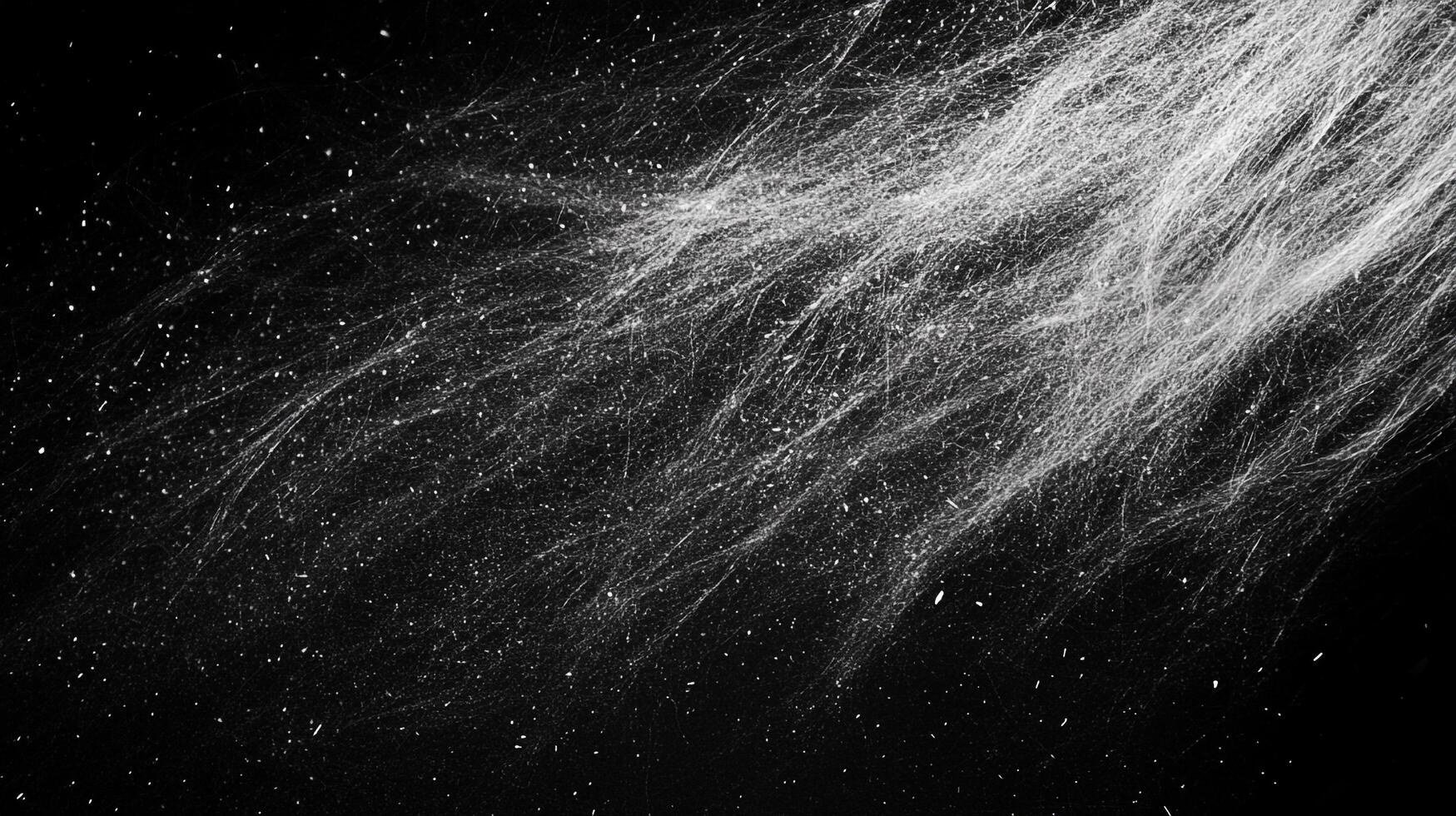 Abstract image of white streaks and dots on a black background, resembling celestial bodies or particles in motion. Dark and light contrast. photo