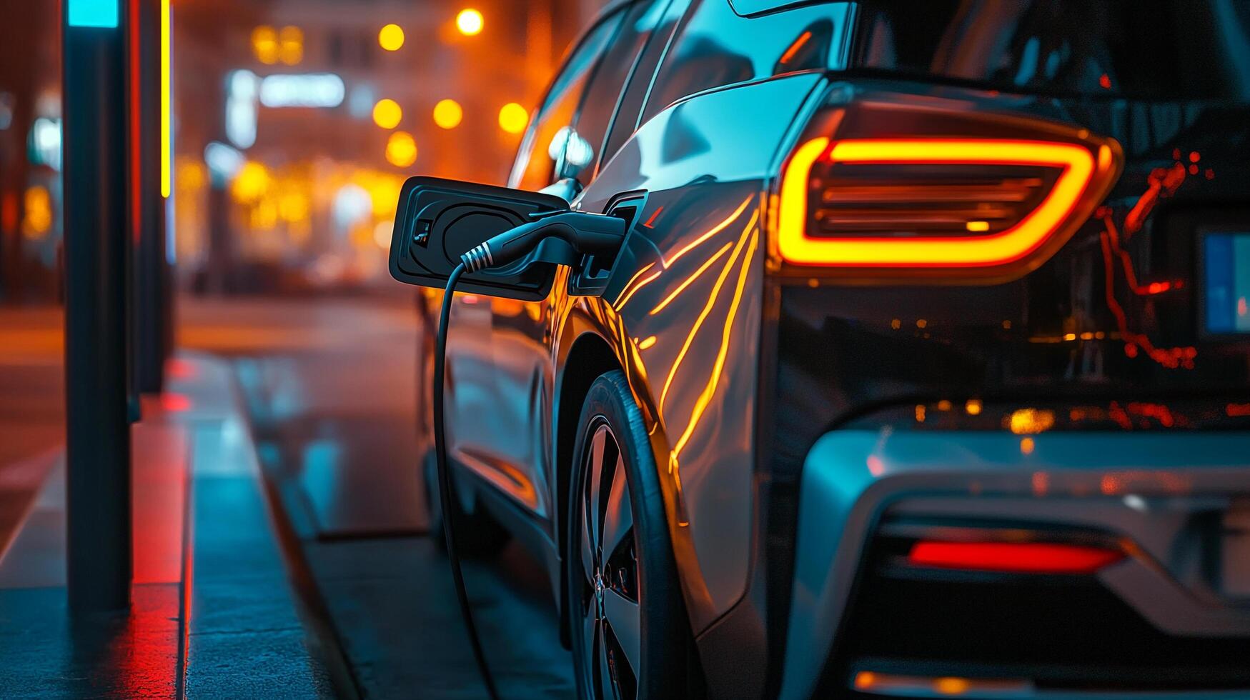 Charging an electric car at night, with glowing tail lights and city lights reflecting off the sleek, dark paint. Sustainable mobility. photo