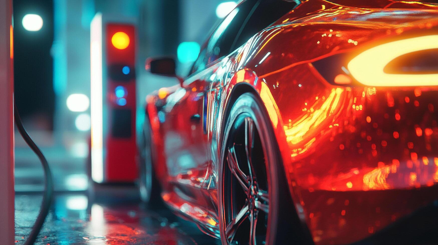 Electric Vehicle at a charging station. A Red car connected to a charger. Car of the future. Sustainable vehicle powering up. photo