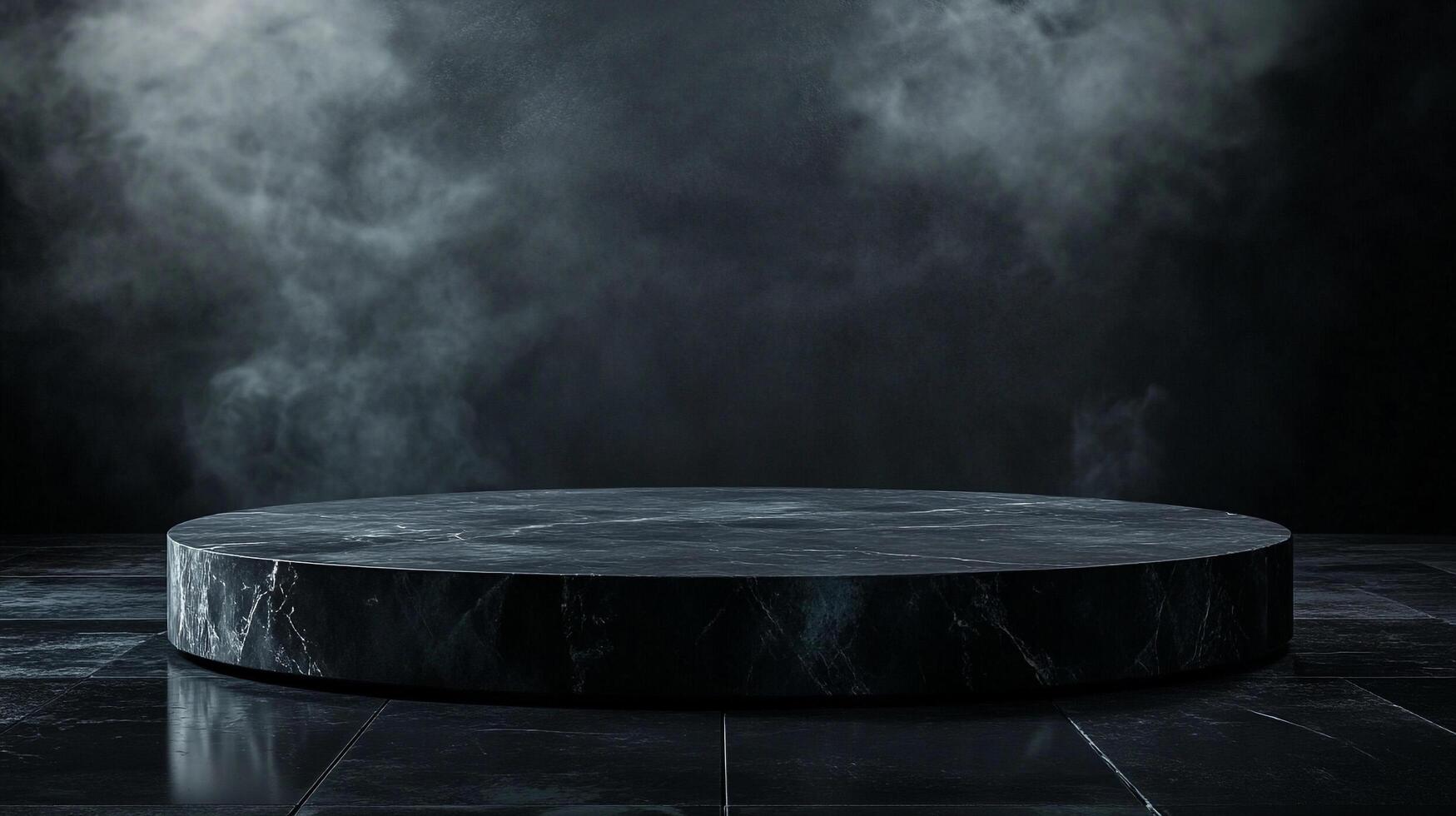 Dark marble platform with moody atmosphere. Ideal for showcasing products, adding a touch of luxury and drama to your visual content. photo