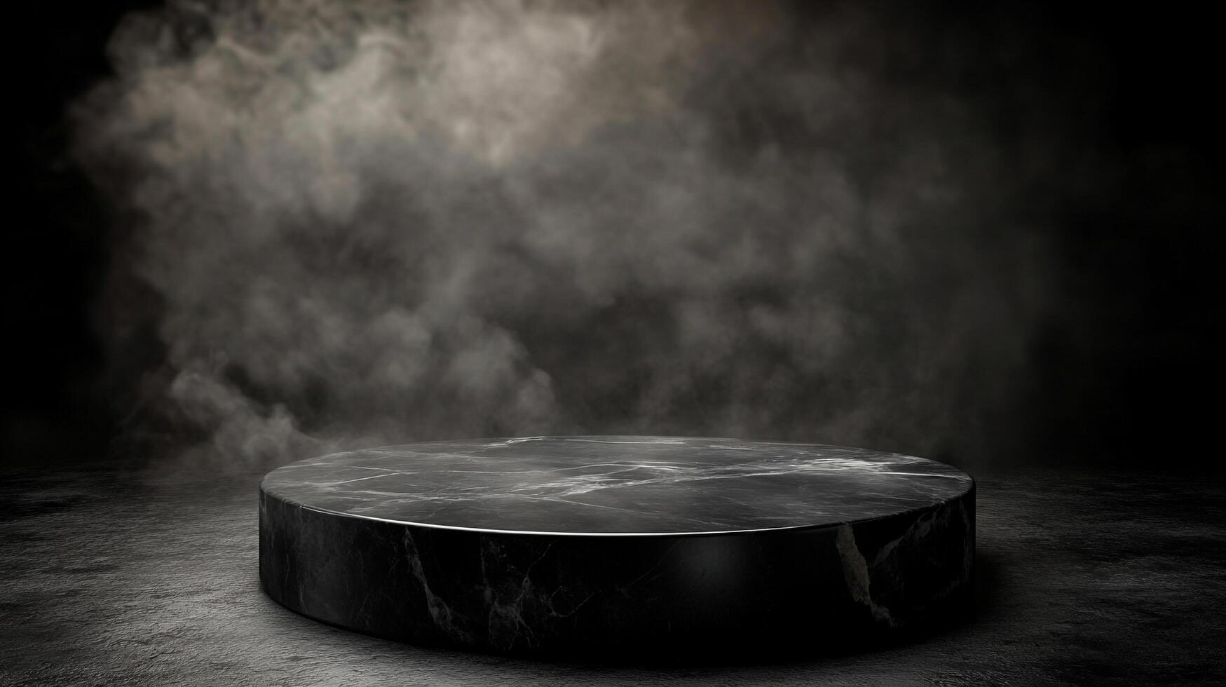 A dark marble pedestal stands in a smoky atmosphere, perfect for highlighting luxury products or creating dramatic scenes. photo
