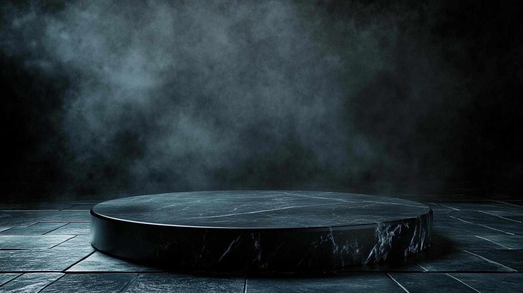 Elegant round display platform in dark marble finish, set against a smoky backdrop. Perfect for showcasing luxury products or artistic creations. photo