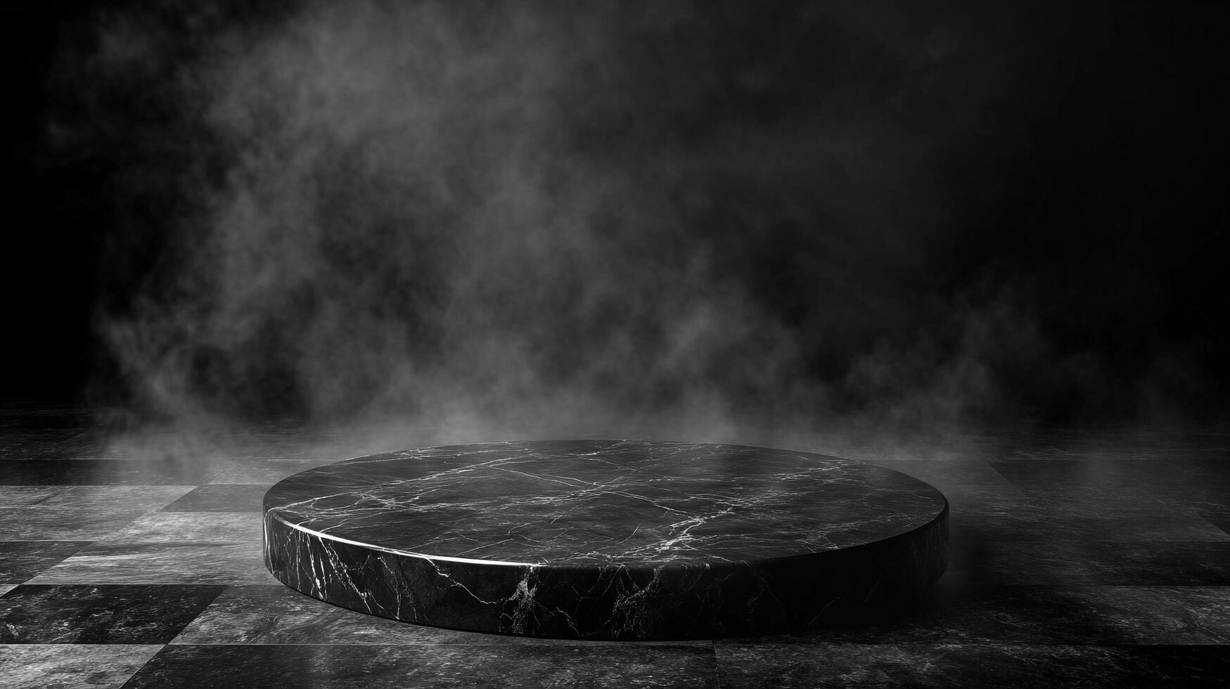 Elegant marble pedestal stands amidst smoky atmosphere, ideal for showcasing products. Dramatic lighting enhances the scene's depth. photo