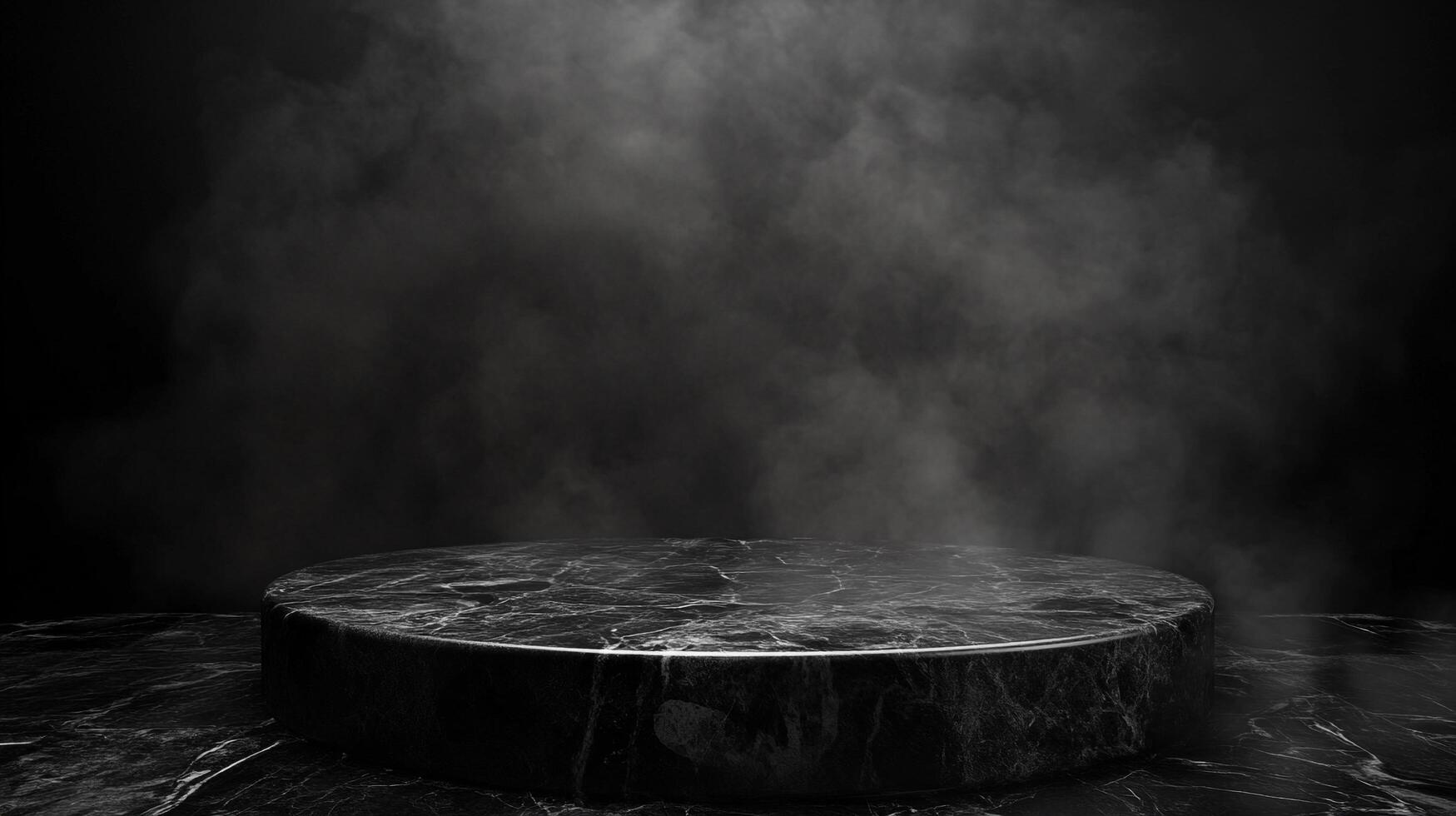Dramatic black marble pedestal shrouded in a smoky haze, presenting an atmospheric stage for product placement or artistic display. photo