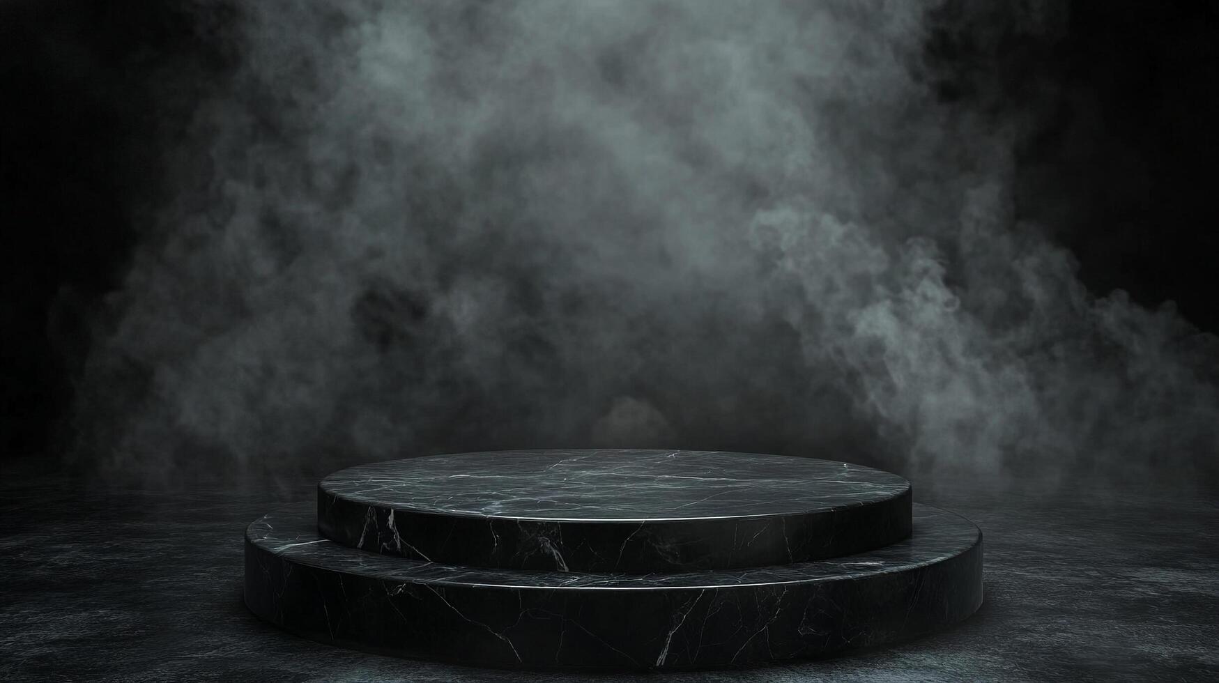 Dramatic presentation podium showcasing a marble texture and a moody, foggy backdrop creating an impactful and elegant visual display. photo