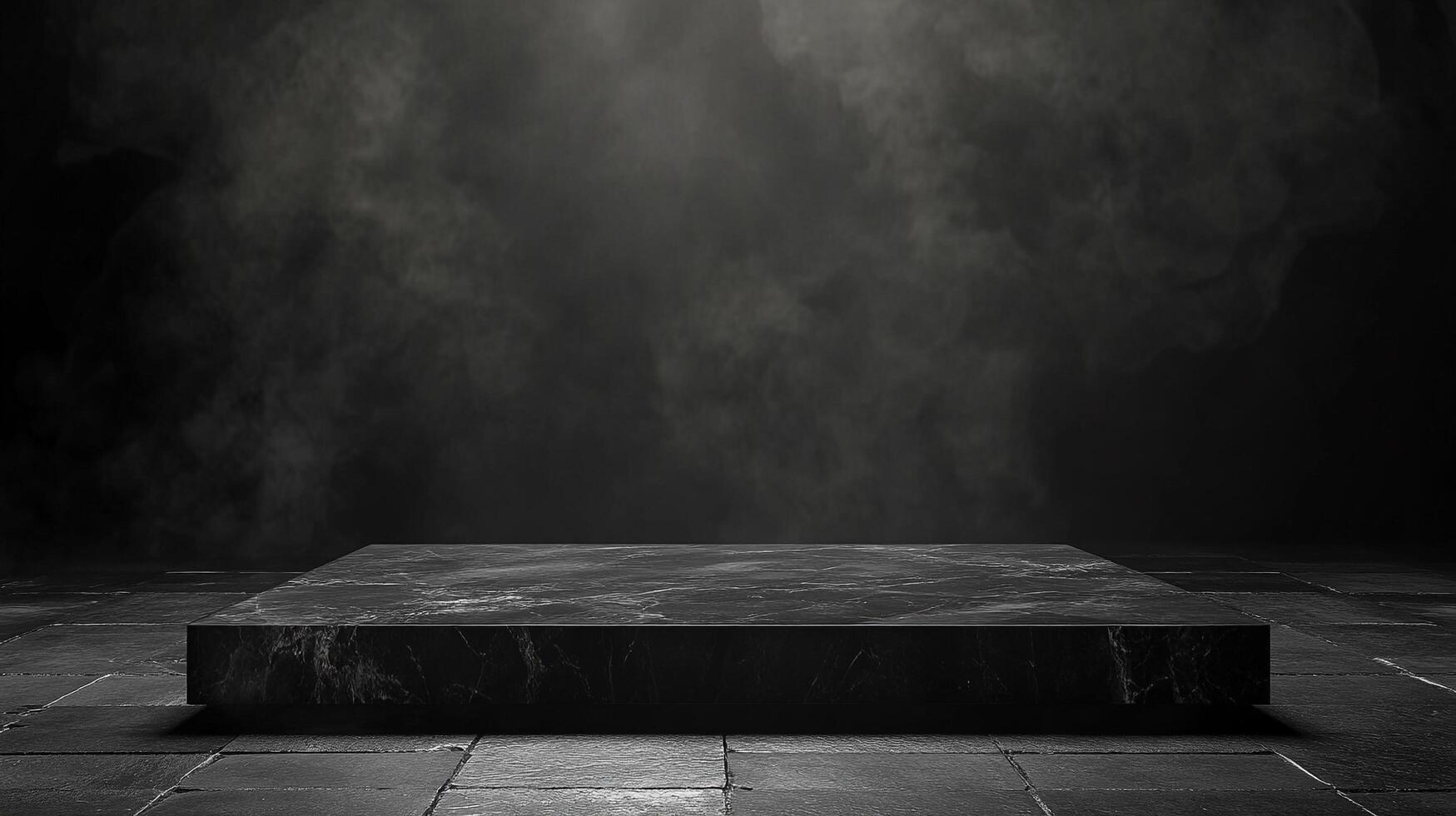Dramatic product pedestal showcasing a dark, marbled surface against a smoky, atmospheric backdrop. Ideal for spotlighting luxury items. photo