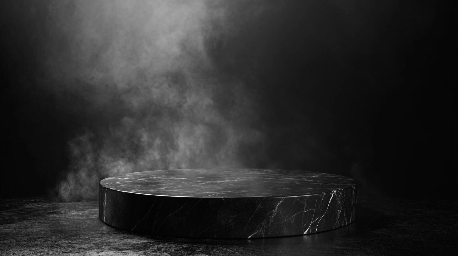 Marble pedestal in a dark setting with fog, ideal for showcasing a product or a design element in a sleek and mysterious atmosphere. photo
