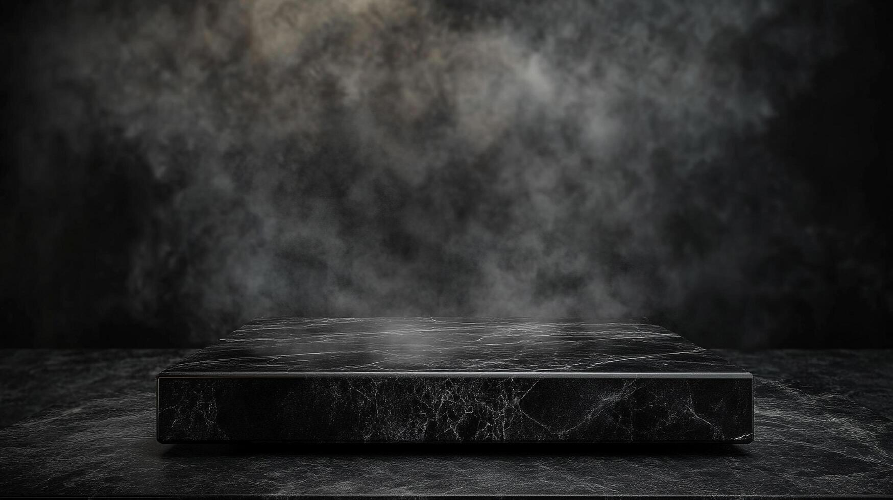 Sleek marble platform awash in mysterious smoke, ideal for highlighting products or creating a dramatic, eye-catching display. photo