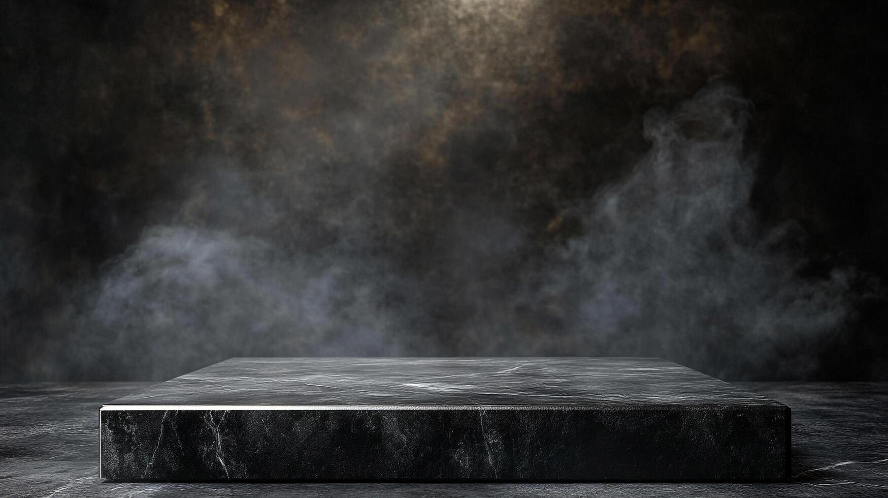 A stone platform is set against a dark, smoky background. The platform is a dark color. The smoke is illuminated from above, creating a dramatic effect. photo
