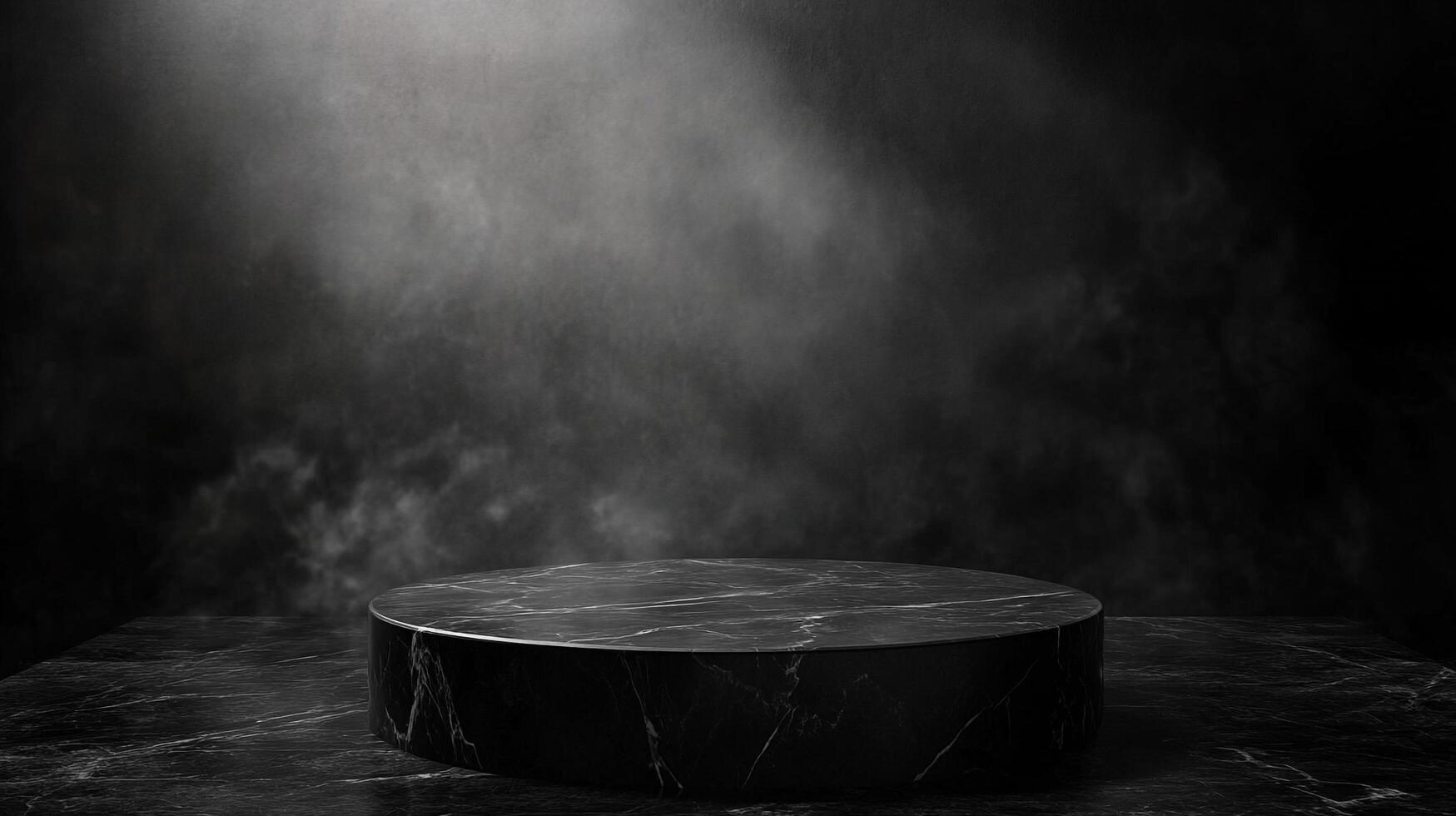 Sleek black marble podium stage bathed in subtle smoky spotlights evokes sophistication, ideal for showcasing a luxury product. photo