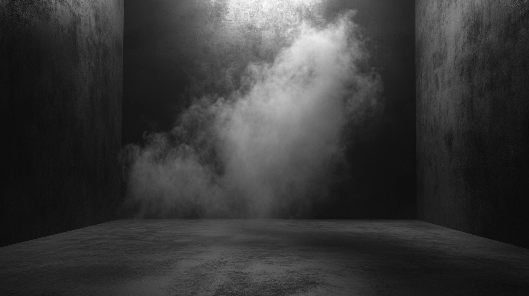 A monochromatic shot capturing a dense cloud of smoke or vapor filling a darkened, enclosed concrete space, creating a moody atmosphere. photo